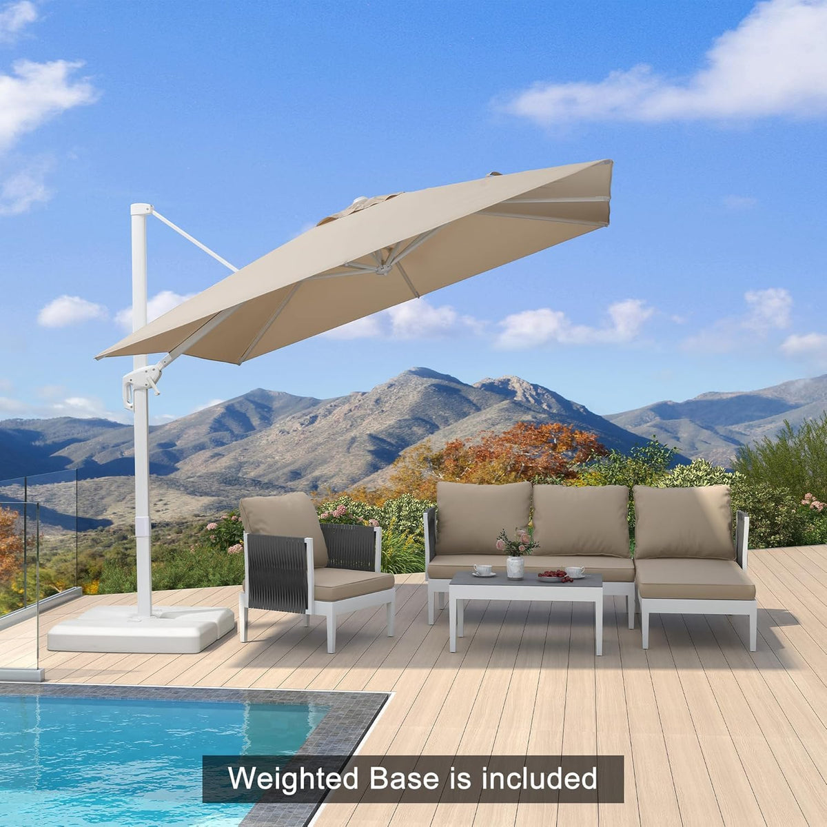 PURPLE LEAF 9 FT White Patio Umbrella With Base Outdoor Cantilever Umbrellas Square Offset Umbrella Windproof with 360° Rotation for Garden Deck Pool, Beige