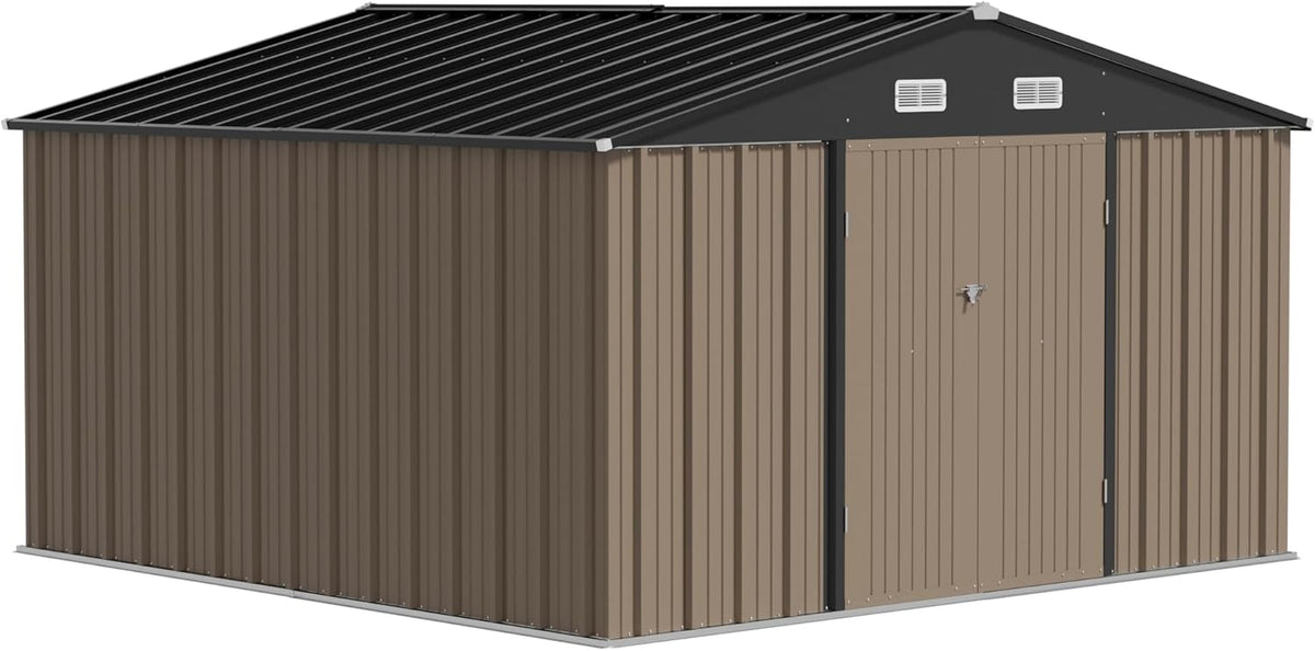 JUMMICO 10 x 10 FT Outdoor Storage Shed, Large Metal Garden Shed & Tool Sheds for Backyard Garden Patio Lawn (Brown)