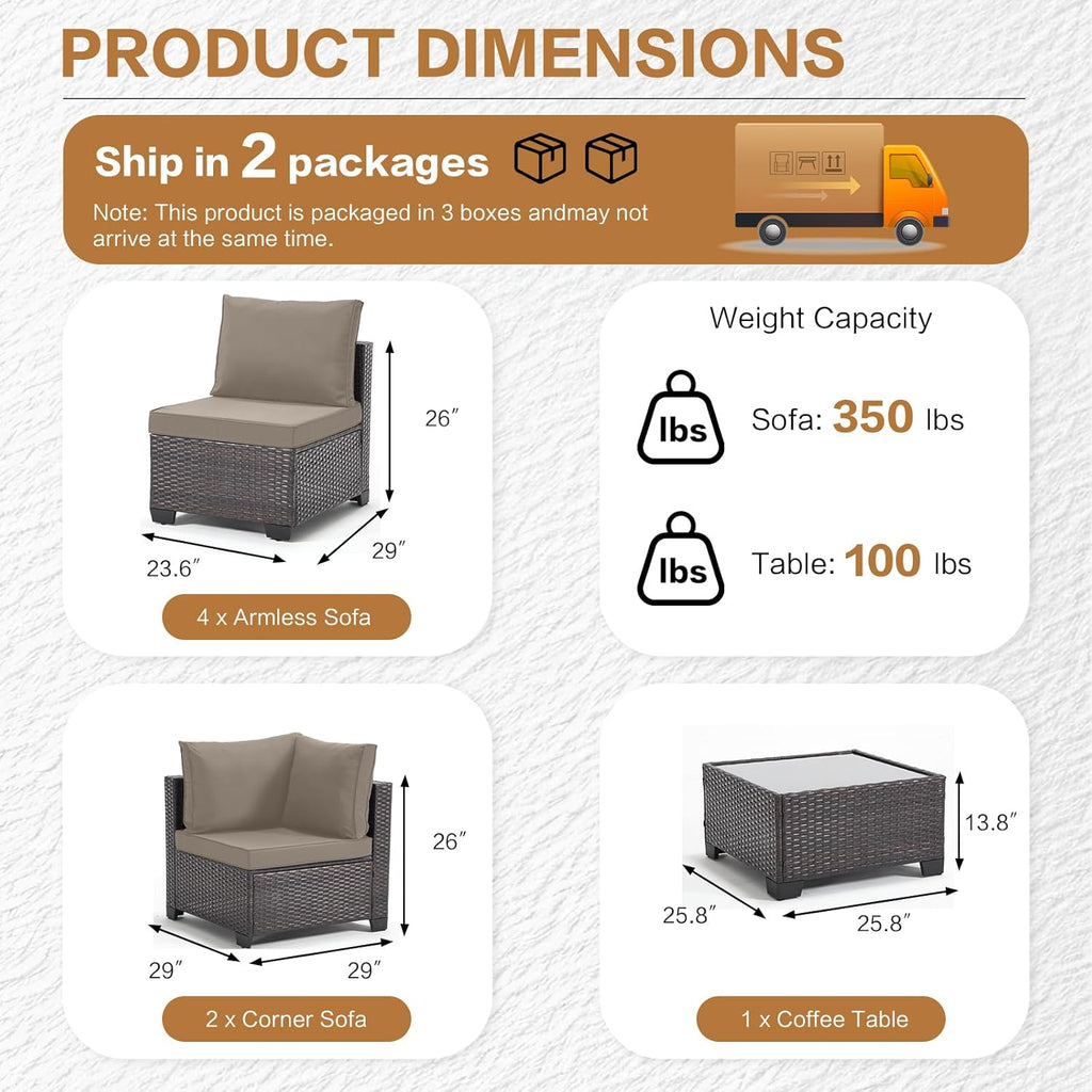 MOCHITO 7 Pieces Outdoor Patio Furniture Sets, All-Weather Sectional Sofa Dark Brown PE Rattan Wicker Conversation Set with Glass Table and Washable Khaki Cushions for Backyard,Sunroom,Garden,Porch