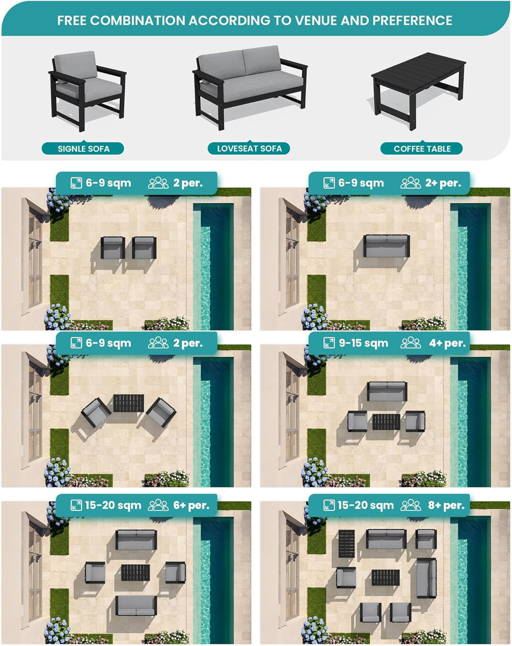 SERWALL 2 Pieces Single Cushioned Lounge Chair, Black HDPE Outdoor Adirondack Sofa Armchair with Grey Cushion