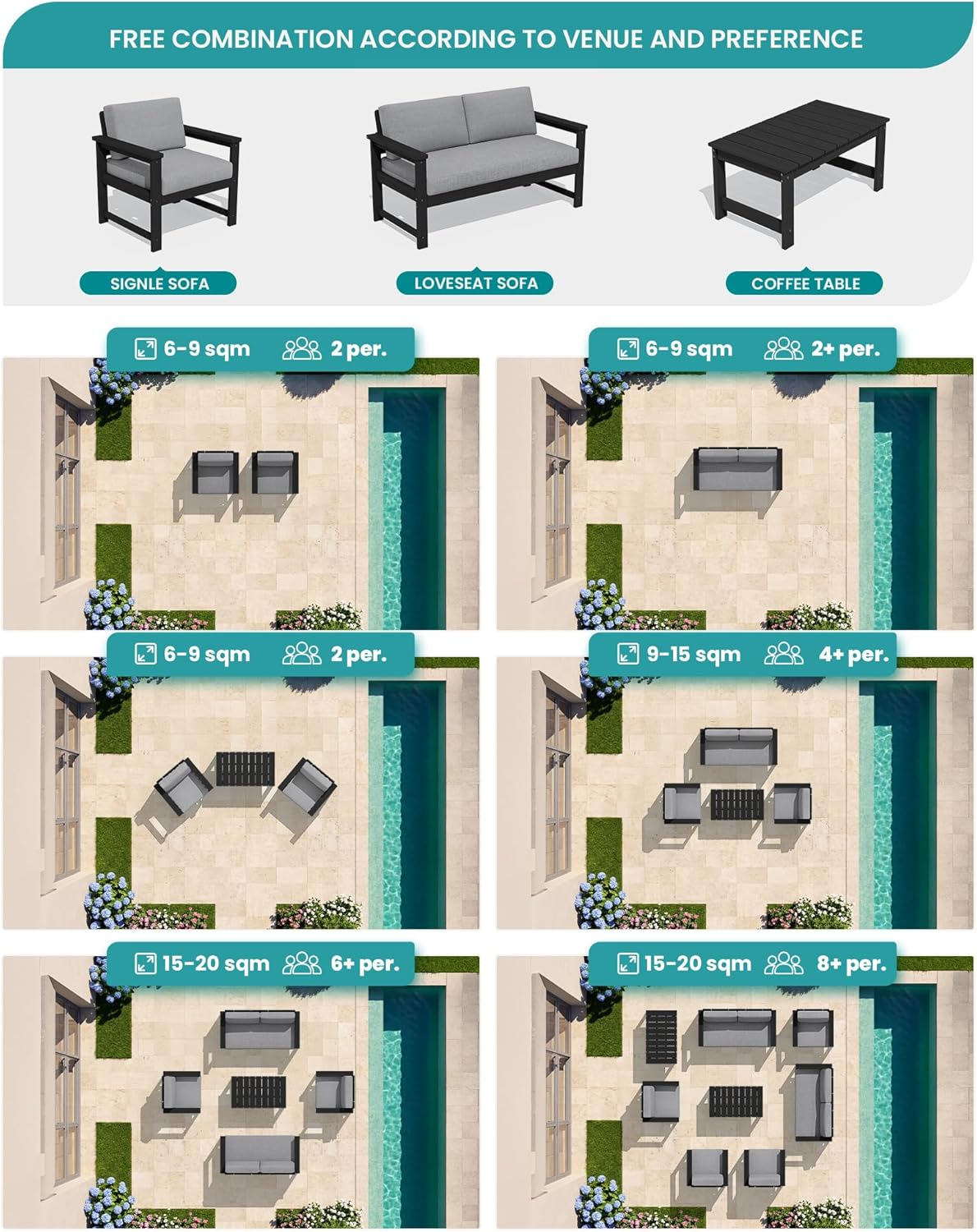 SERWALL 2 Pieces Single Cushioned Lounge Chair, Black HDPE Outdoor Adirondack Sofa Armchair with Grey Cushion
