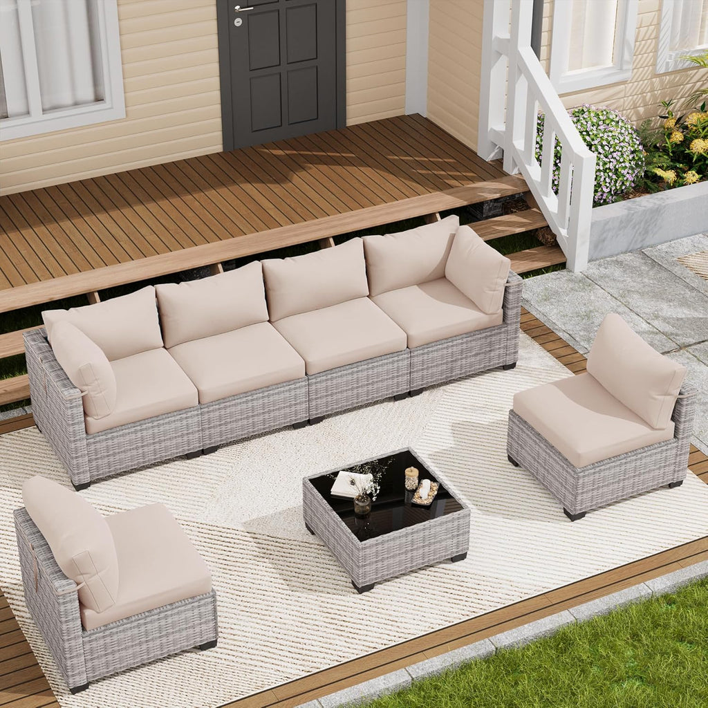 LOUVIXA 7 Piece Outdoor Patio Furniture Set, Outdoor Sectional Sofa, Wicker Rattan Patio Furniture, Patio Conversation Set with Coffee Table & Cushions