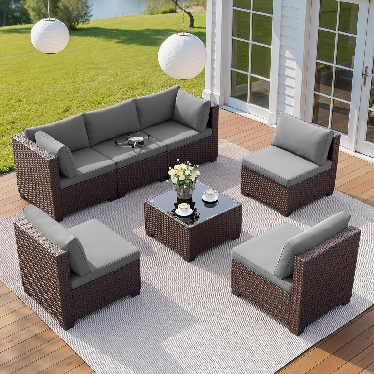 Qsun 7 Pieces Outdoor Patio Furniture Set, PE Rattan Outdoor Wicker Sectional Furniture Sofa Set, with Cushions and Glass Coffee Table, for Balcony, Porch, Garden, Grey