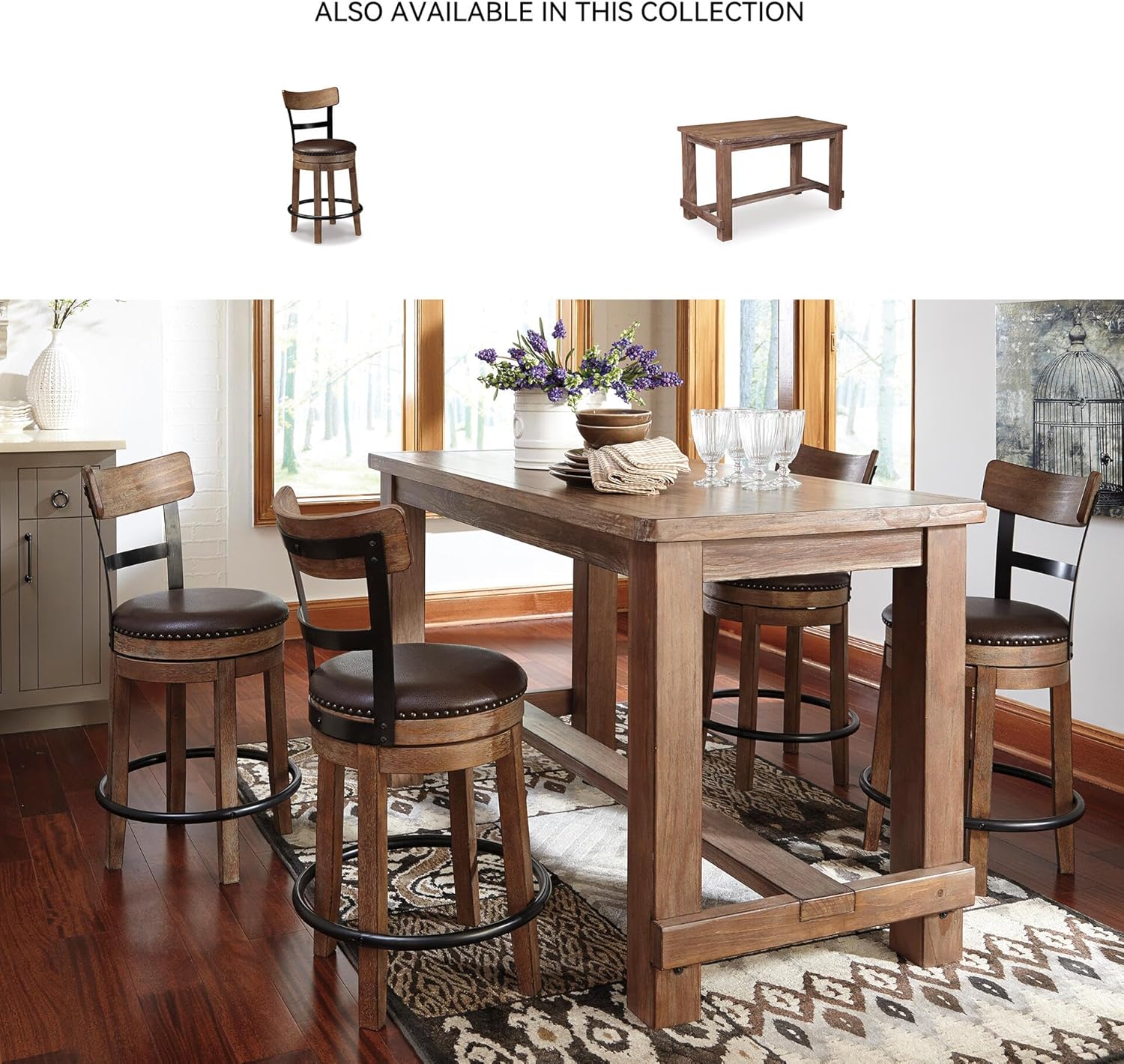 Signature Design by Ashley Pinnadel Bar Stool, Swivel Counter Height Stool Chair With Faux Leather Seat, Wood and Metal Frame for Kitchen Island With Seating, Light Brown
