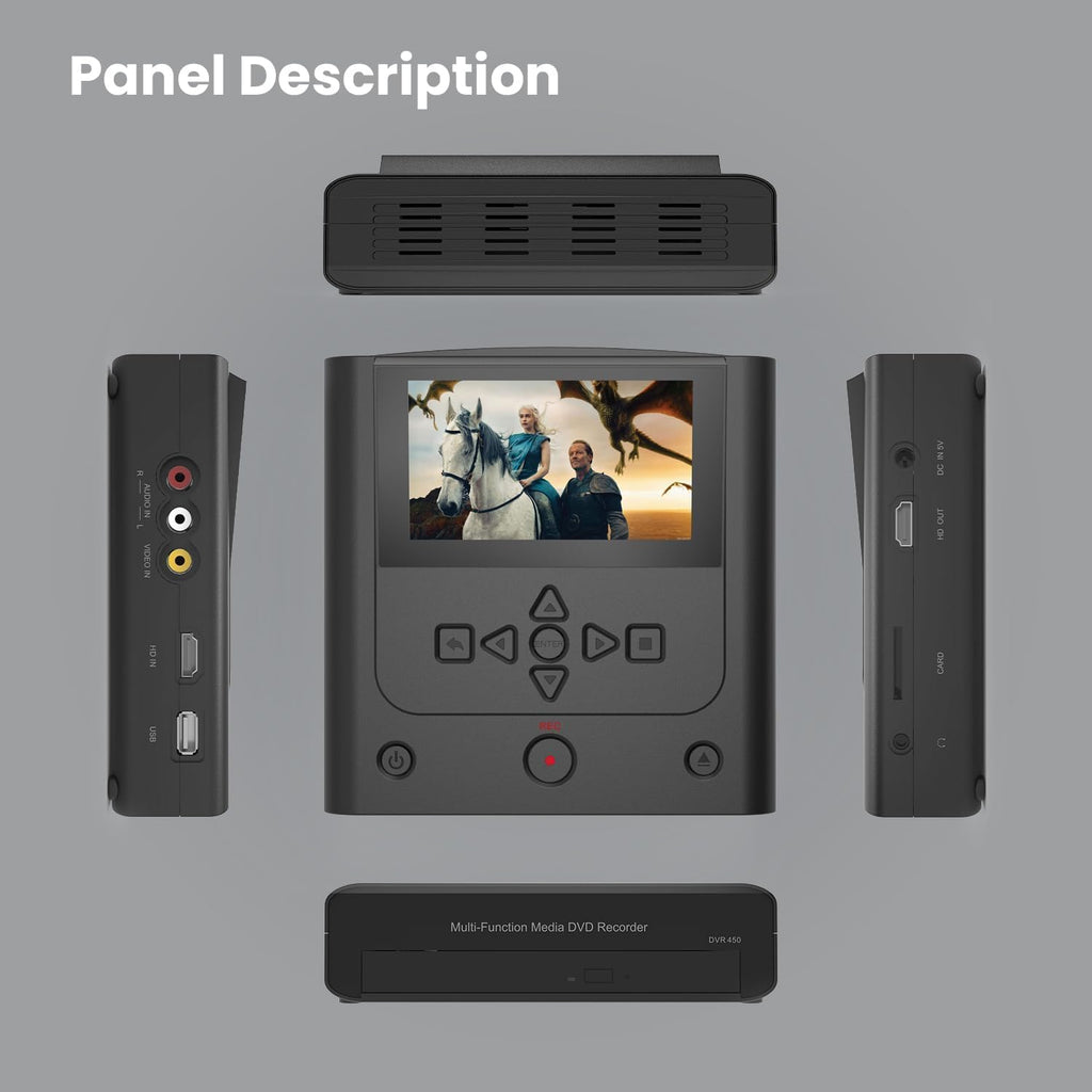 VHS to DVD Recorder, VCR to DVD Recorder-Convert Photos and Videos Between VHS,VCR,Memory Card .DVD and USB. Phone can use a Free app to Burn Videos and Photos, Also has TV Recording Function（Black）
