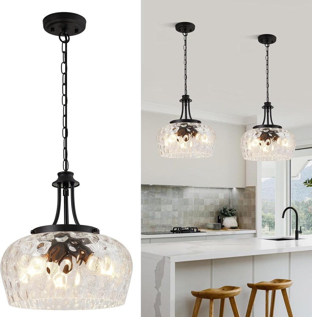 Modern Pendant Lights Kitchen Island, 3-Light Black Pendant Light Fixtures with 14.2" Clear Hammered Glass Shade, Industrial Hanging Pendant Lights Fixture for Kitchen Island, Dining Room, Entryway