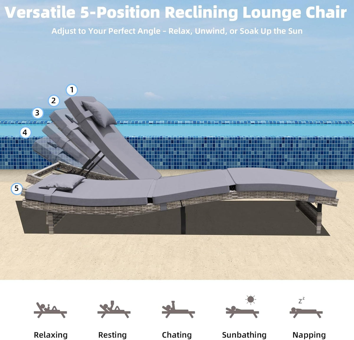 Long Reclining Chair Lounge Set (Set of 3), Modern Outdoor Patio Furniture with Adjustable Backrest & Side Table, Durable PE Wicker, Weather-Resistant Cushions, Grey