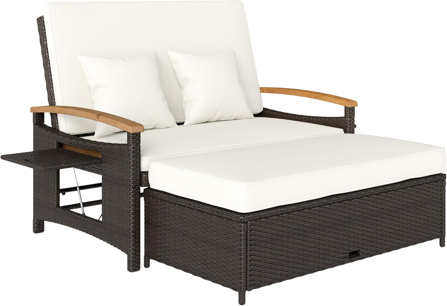 Outsunny Rattan Outdoor Daybed, PE Wicker Patio Loveseat with Storage Ottoman, 4-Level Adjustable Back, Folding Side Trays, Acacia Wood Armrest, Double Sun Lounger with Cushions, Pillows, Beige