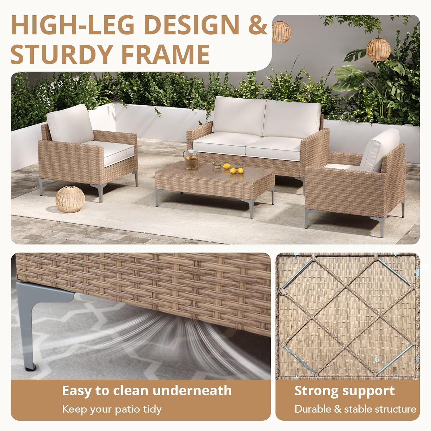 4-Piece Outdoor Patio Furniture Set Beige All-Weather Rattan Outdoor Couch with Coffee Table Outdoor Patio Sofa Seating with Cushions for Garden, Poolside, Porch