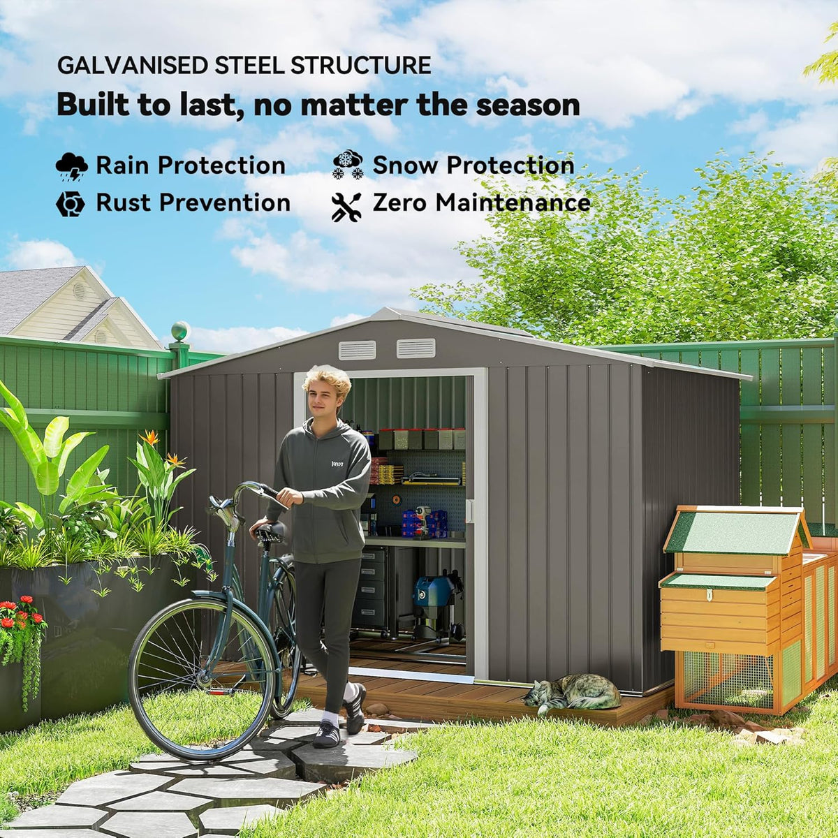 Outsunny 9' x 6' Outdoor Storage Shed, Garden Tool Metal Shed with Foundation Kit, Double Lockable Door, Air Vents and Sloping Roof, for Backyard, Patio, Lawn, Light Gray