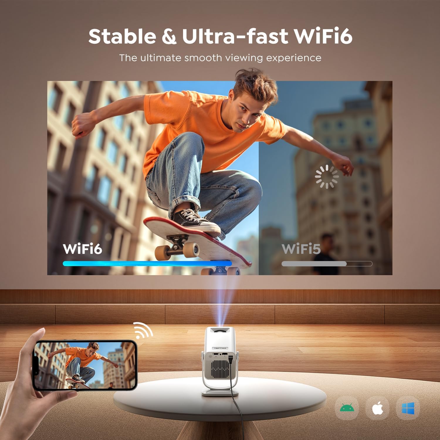 Mini-Projector with WiFi6 and Two-Way Bluetooth5.4, 1080P 4K Support, Built-in Apps & 2026 Android 14 Portable Outdoor Movie Proyector for Bedroom, Auto Keystone & 270° Rotation for Phone/HDMI/USB