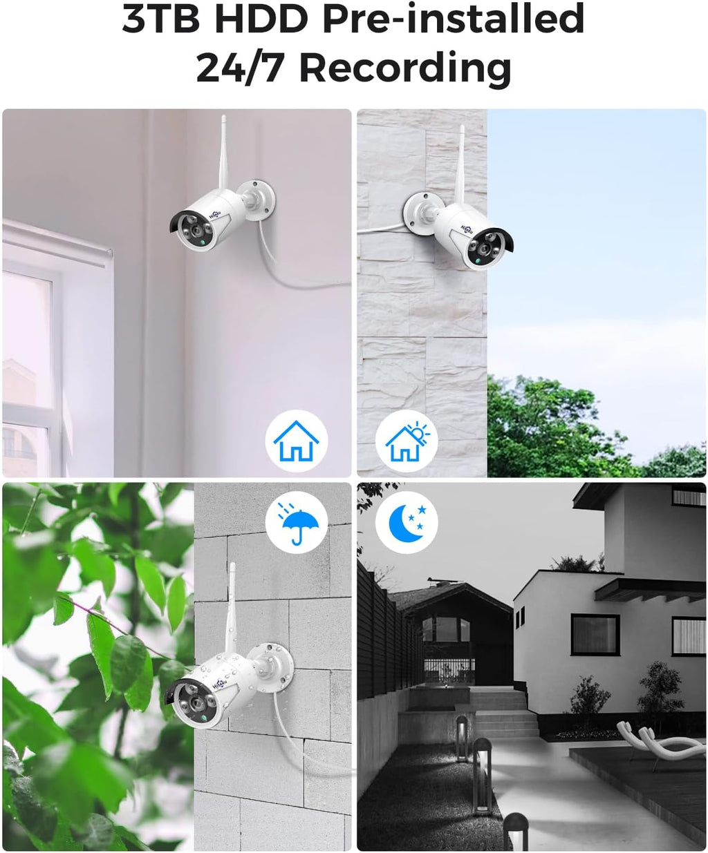 16CH Expandable Hiseeu Home Security System, 24/7 Recording 5MP Wired Plug-in Powered Outdoor Bullet Cameras, 2.4G/5G WiFi Pro, 4K NVR with 12" LCD Monitor, 3TB HDD, Night Vision, IP65