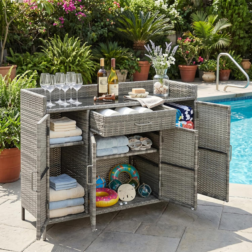 Merax 53.2" Patio Wicker Storage Cabinet, Outdoor Waterproof Patio Bar Table with Drawer and Shelves, Wicker Buffet Cabinet Sideboard for Poolside and Backyard, Black+Brown
