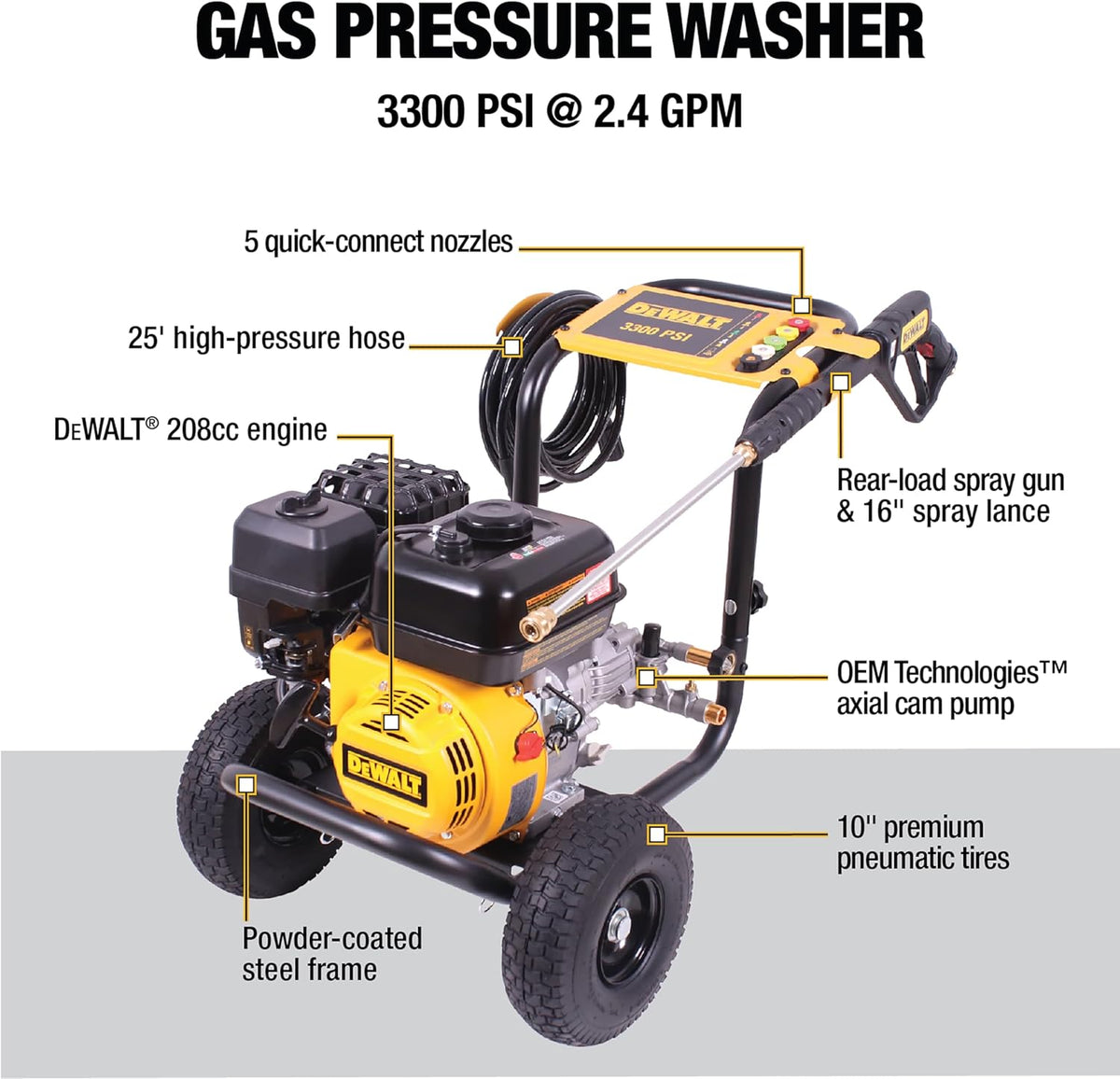 DeWalt 3300 PSI Gas Pressure Washer, 5 Nozzles, Spray Gun, Wand, 25-ft. Hose, DXPW3300-S, 49-State