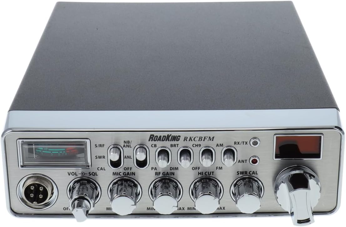 RoadKing RKCBFM Dual-Mode AM/FM CB Radio for Truckers Full 40 Channels Pro Emergency Channel CB with Noise-Cancelling Mic Large Display - Silver