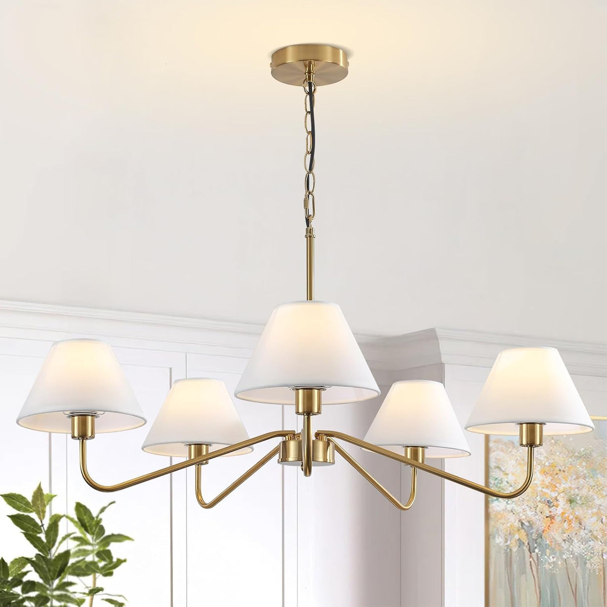 5-Light Gold Chandelier, 31.5" Brass Modern Chandeliers with White Fabric Shade, Classic Farmhouse Ceiling Light Fixture, Adjustable Pendant Light for Kitchen Living Room Dining Room Bedroom Entryway
