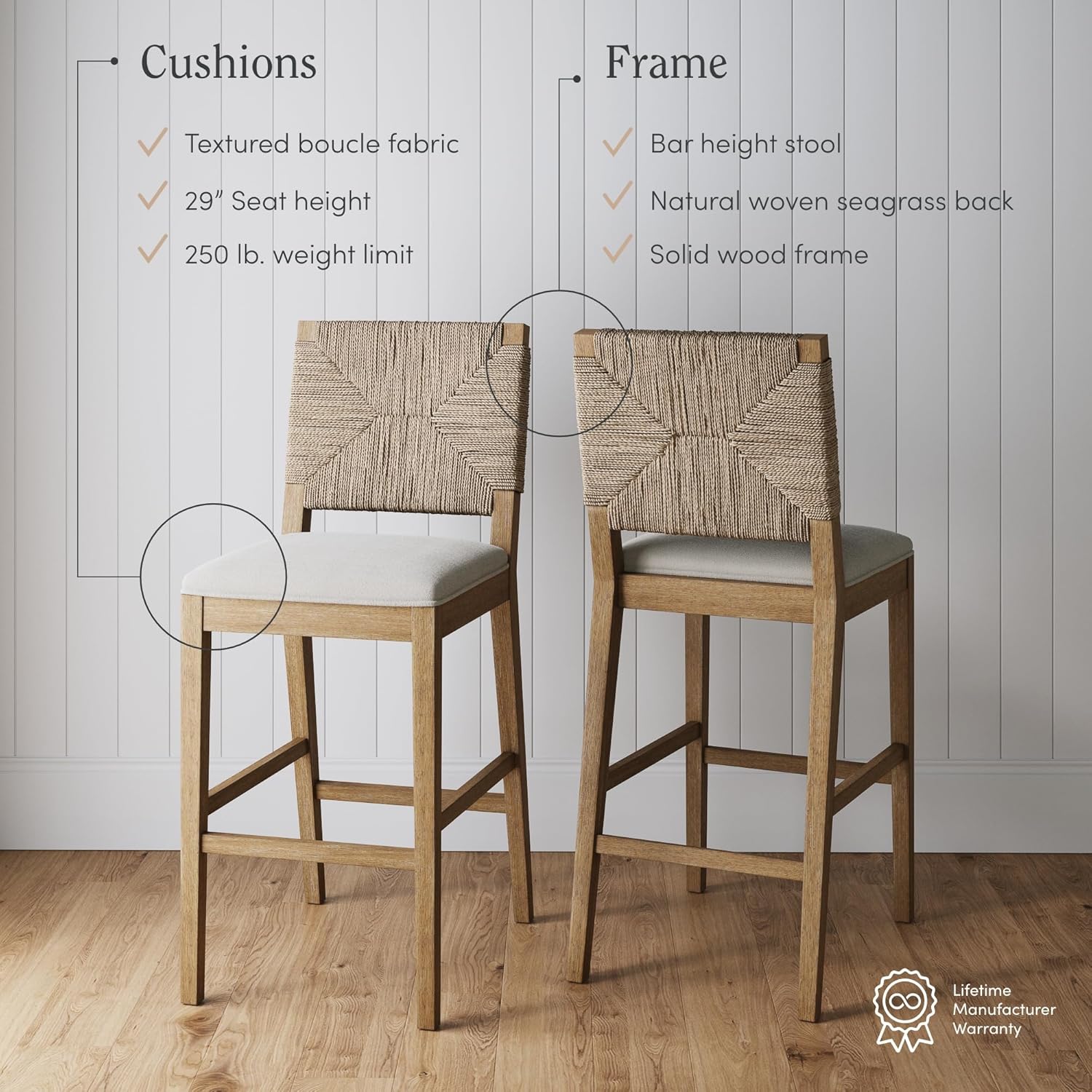 Nathan James Beacon Bohemian Boucle Bar Stool with Back, Bar Height Kitchen Island Chair, Seagrass Bar Stool, Cream Boucle/Brushed Light Brown
