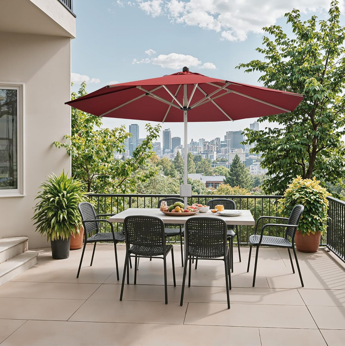Patiowell 9 FT Motorized Patio Umbrella, Remote Outdoor Umbrella with Heavy Duty Aluminum Frame, Removable Power Bank and Push Button Tilt for Backyard, Pool, Garden, Beach, Burgundy Red