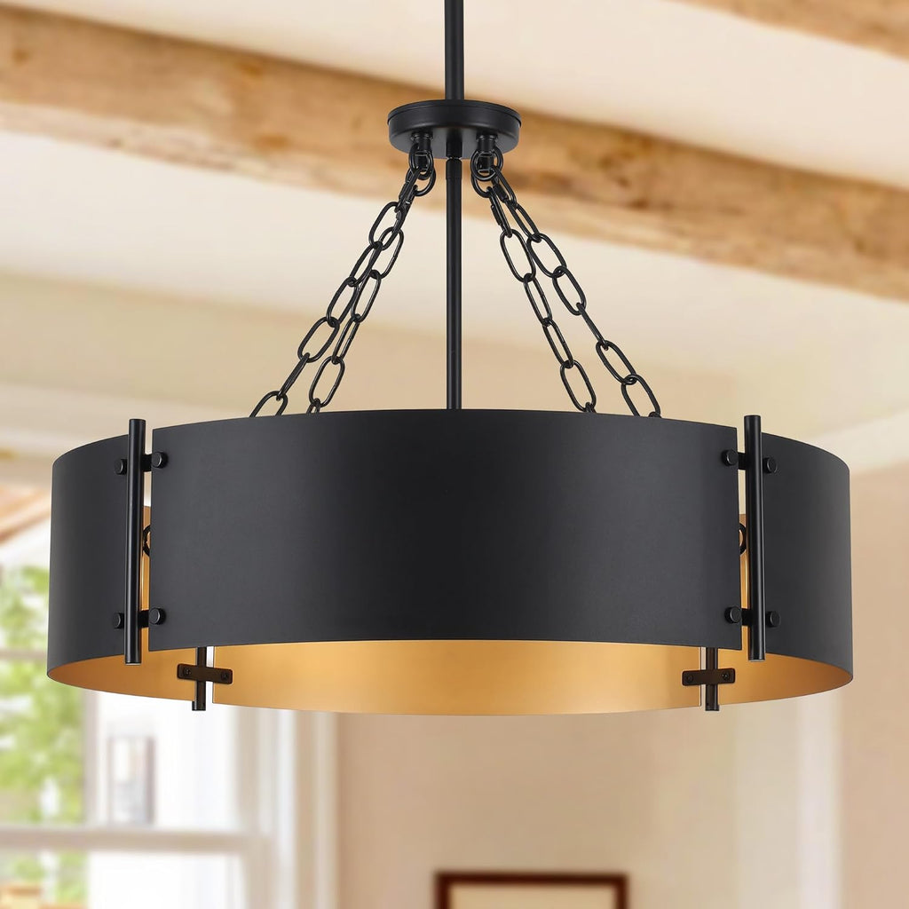 23.62'' Modern Drum Chandelier 6-Light Farmhouse Black and Gold Dining Room Light Fixture Industrial Large Pendant Lighting Rustic Hanging Light Fixtures Vintage Chandeliers for Living Room Kitchen