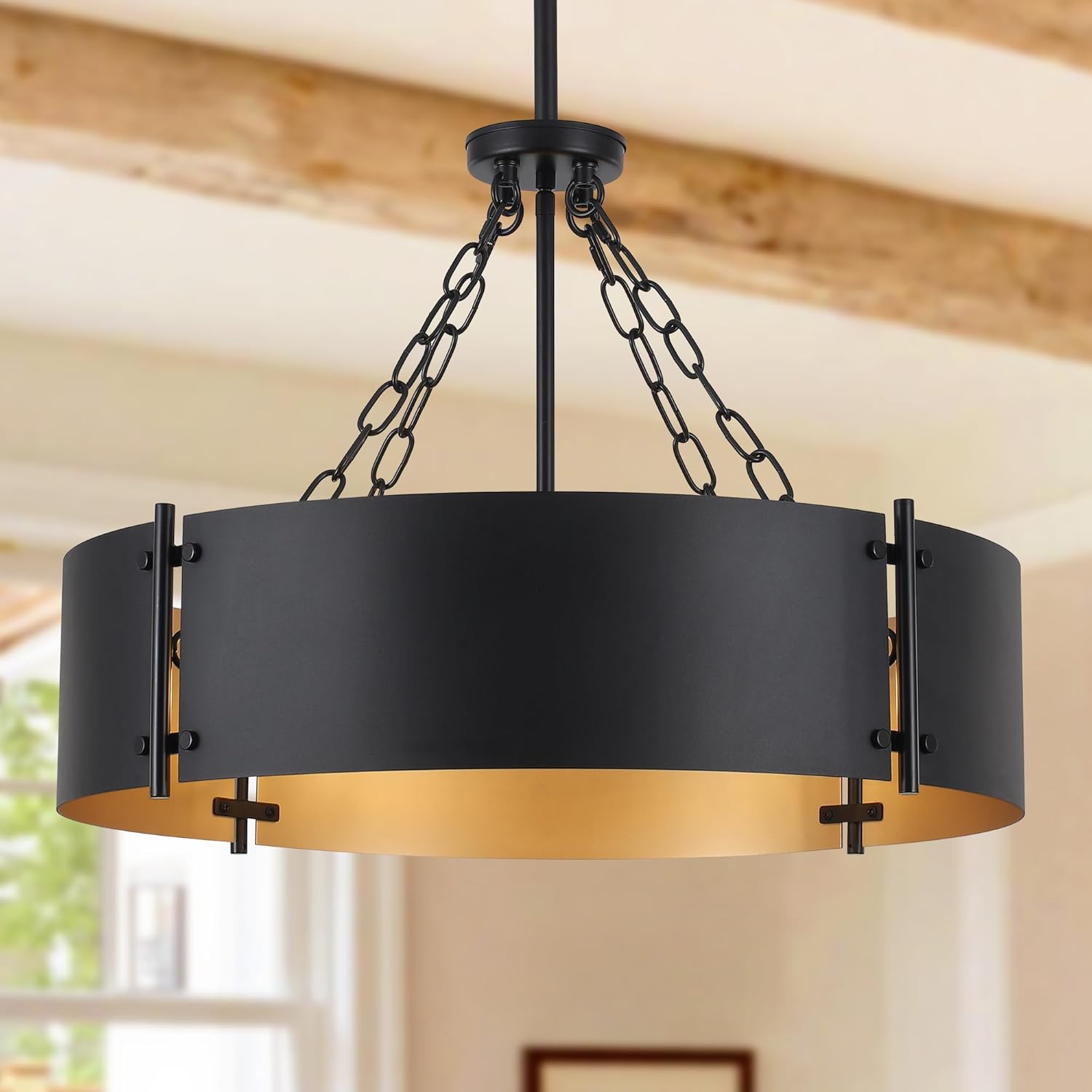 23.62'' Modern Drum Chandelier 6-Light Farmhouse Black and Gold Dining Room Light Fixture Industrial Large Pendant Lighting Rustic Hanging Light Fixtures Vintage Chandeliers for Living Room Kitchen