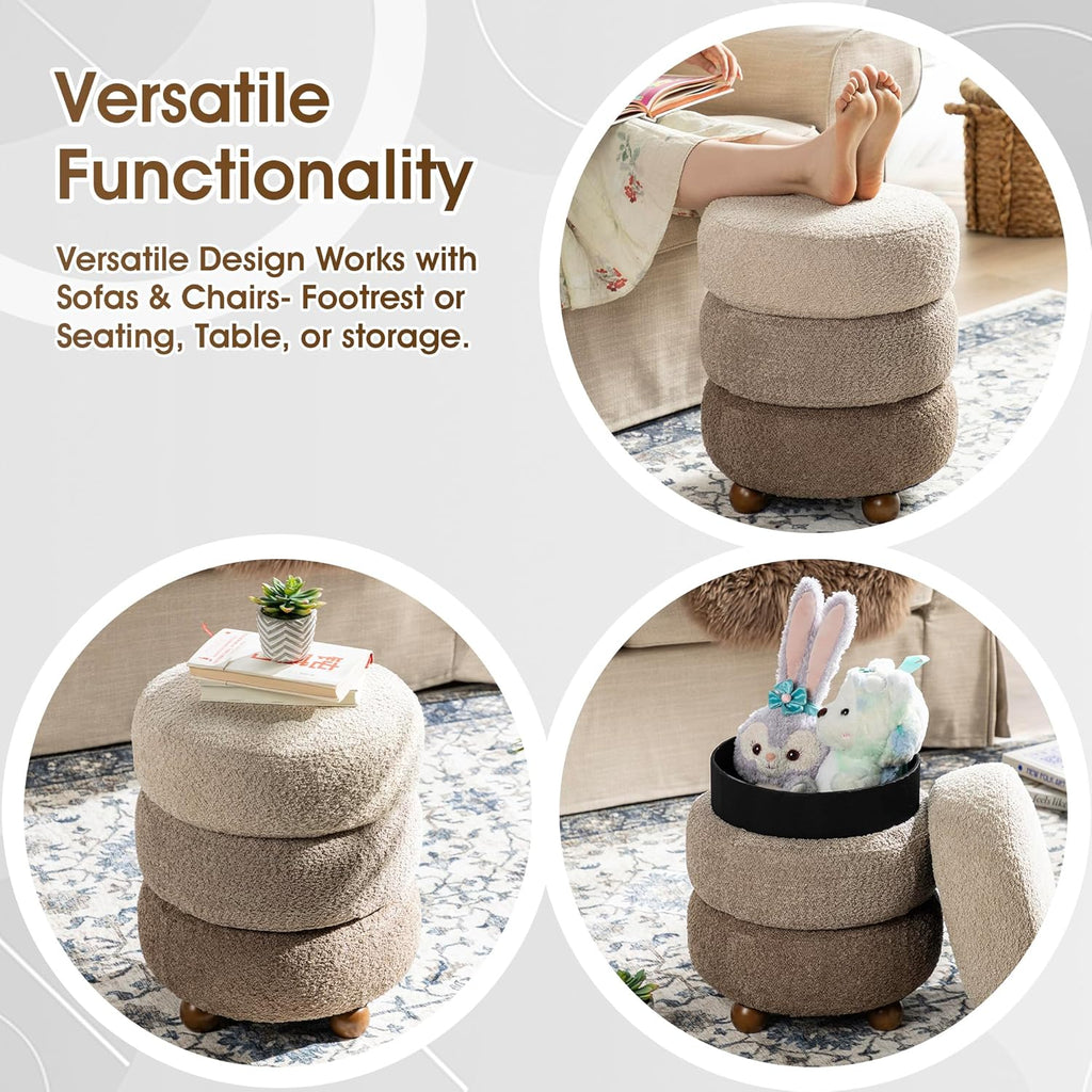 Glitzhome Round Ottoman with Storage, Small Foot Stool, Modern Accent Stool Upholstered Vanity Stool with Rubberwood Ball Feet for Bedroom Living Room Dorm Room, Gradient Brown