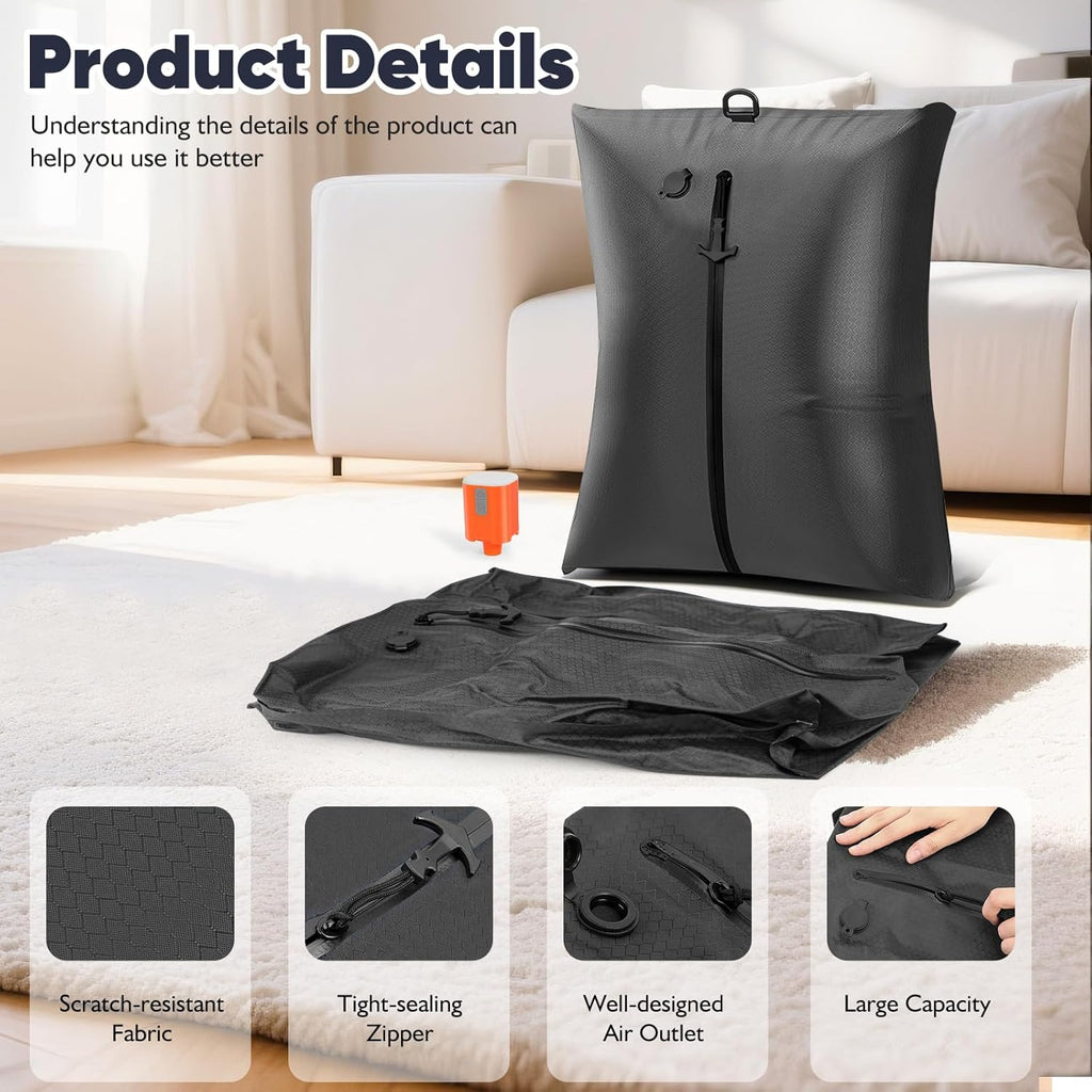 Vacuum Compression Bag with Travel Pump - Waterproof, Reusable, Hard Storage case, Portable Travel Bag Vacuum Bag Kit, Suitable for Camping, Gym, Beach, Moving (Black Bag + Pump)