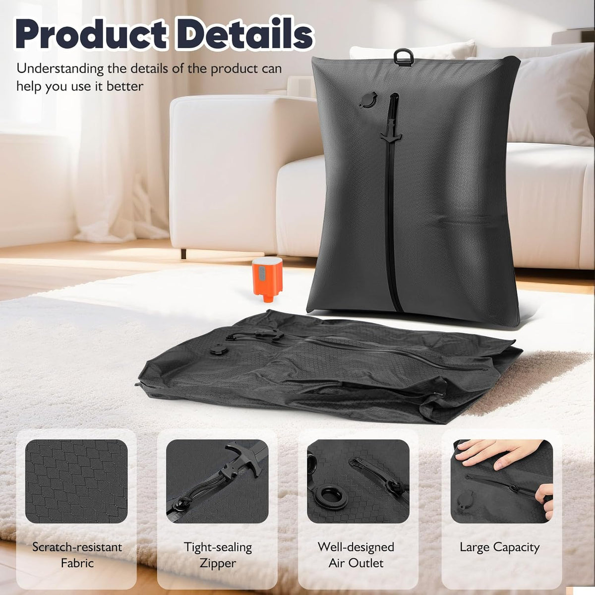 Vacuum Compression Bag with Travel Pump - Waterproof, Reusable, Hard Storage case, Portable Travel Bag Vacuum Bag Kit, Suitable for Camping, Gym, Beach, Moving (Black Bag + Pump)