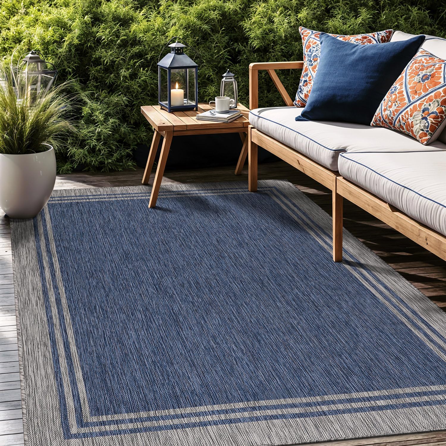 Luul Home Bordered Outdoor Rug 10x14 Washable Outside Carpet for Indoor Patio Porch Waterproof Easy Cleaning Non Shedding Area Rugs Navy 10 x 14