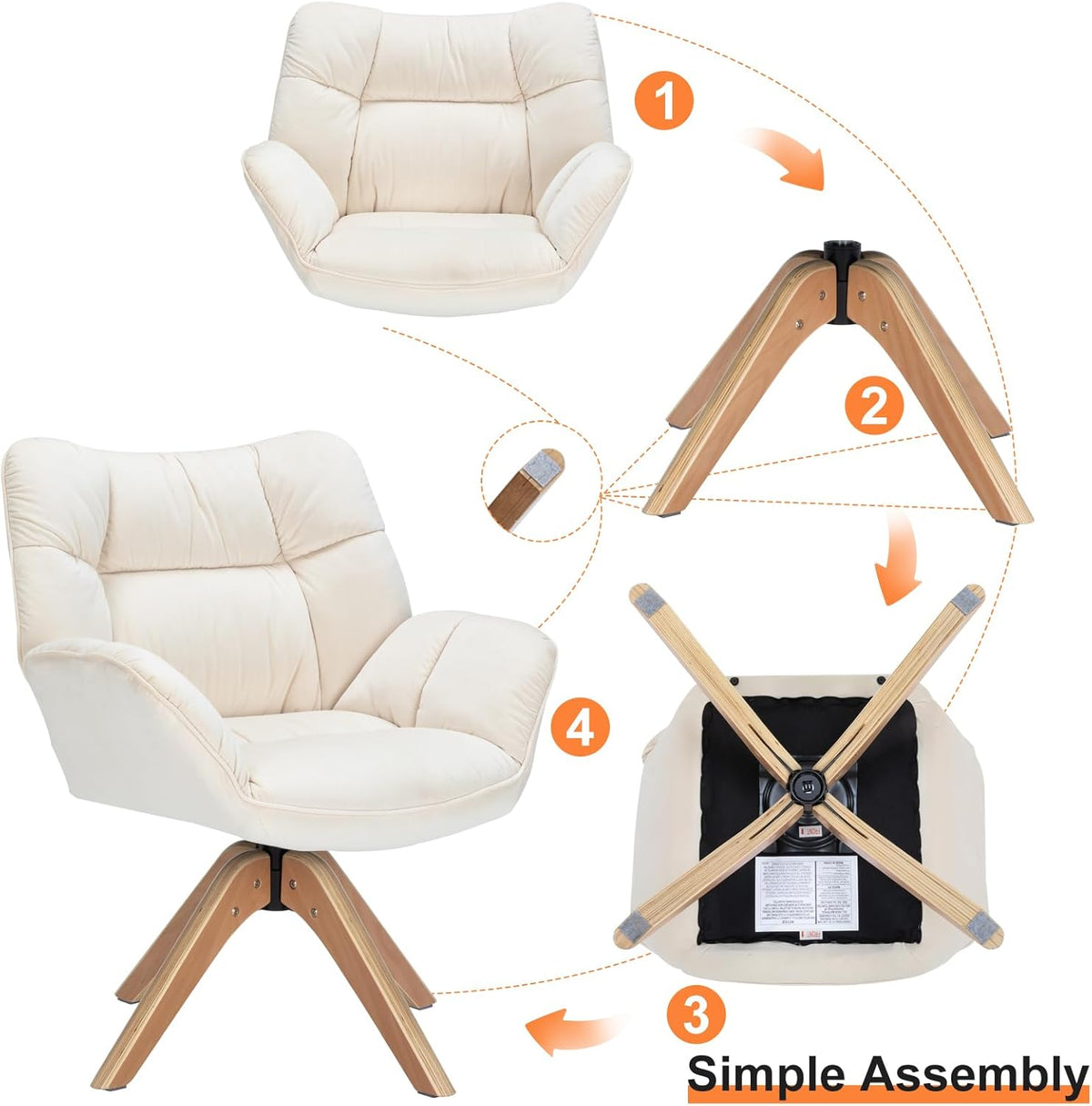 Mid Century Accent Chair, 360° Swivel Fabric Desk Chair, Modern Cozy Vanity Chair No Wheel Wood Legs Upholstered Single Armchair for Living Room Bedroom Office Dining Room (Beige)