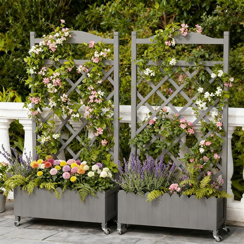 COMHOMA 2 Pack Planter Box with Trellis and Wheels, 48In Elevated Raised Garden Bed, Drainage Holes, Outdoor Lattice for Climbing Flowers, Vegetables, Patio Balcony, Gray