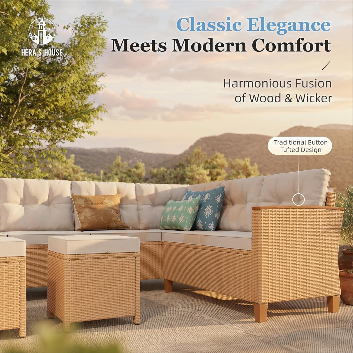 HERA'S HOUSE Patio Furniture Set, 8 Piece Wicker Outdoor Patio Conversation Set, Outside L-Shaped Sectional Sofa Couch with 1 Height Adjustable Table, Chaise Lounge and 2 Ottomans for Yard and Lawn