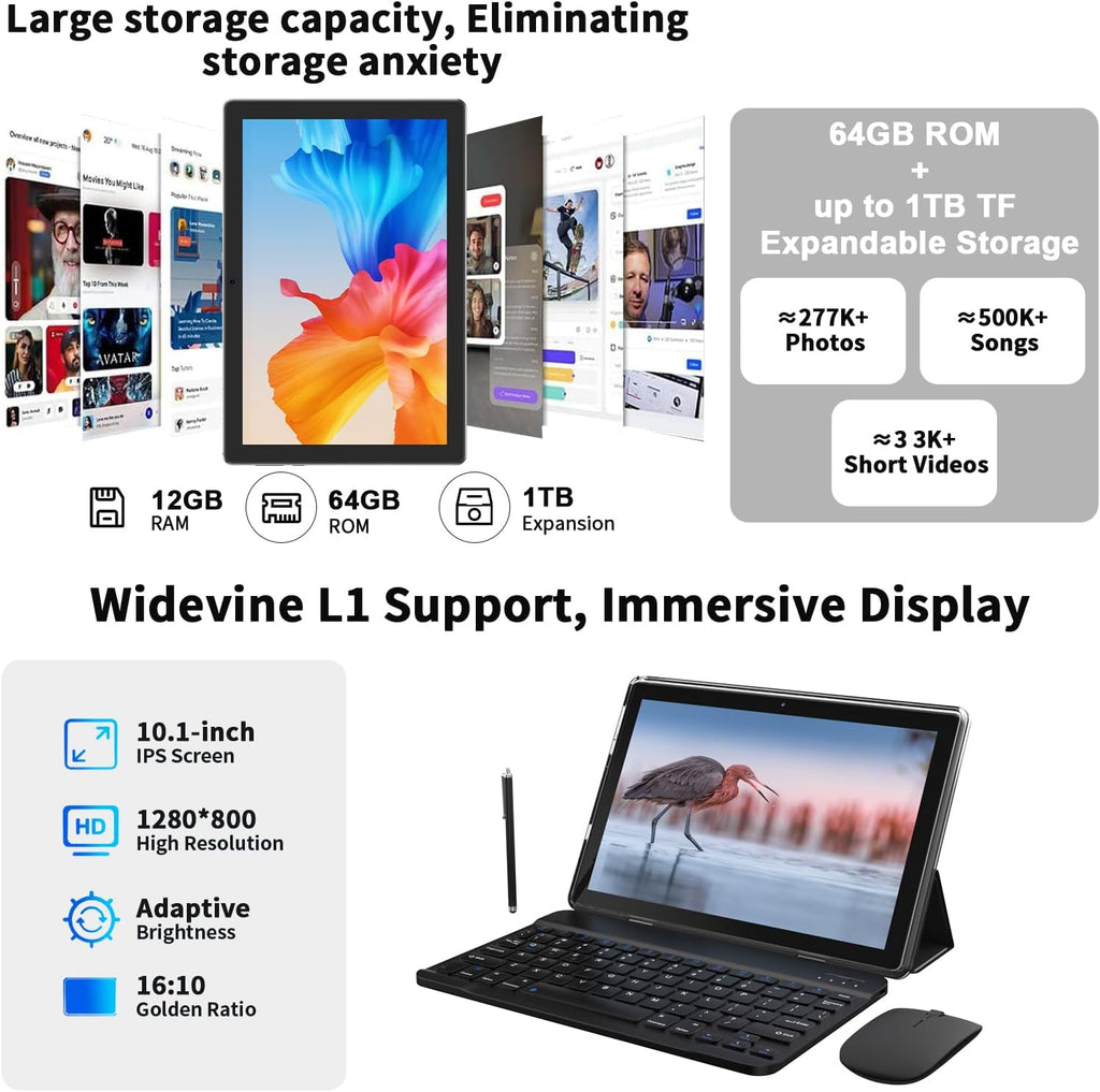 Android 16 Tablet 10 Inch, 12(3+9) GB RAM+64GB ROM, 2 in 1 Tablets with Keyboard Case Mouse Stylus, 2.0GHz Five-core Processor, 1280 * 800 IPS HD Screen, 5G WiFi6 BT 5.3 Tableta PC（Black