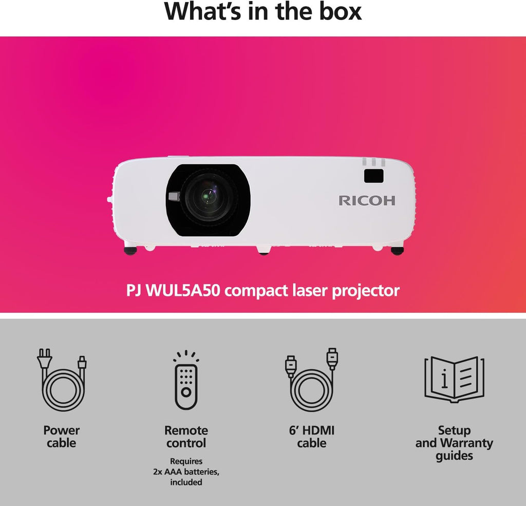 RICOH PJ WUL5A50 Compact 3LCD Laser Projector | 5200 Lumens | 1920x1200 WUXGA w/4K Input | 30-300" Screen Size | 360° Installation | Up to 30k Hours | Built-in 16W Speaker