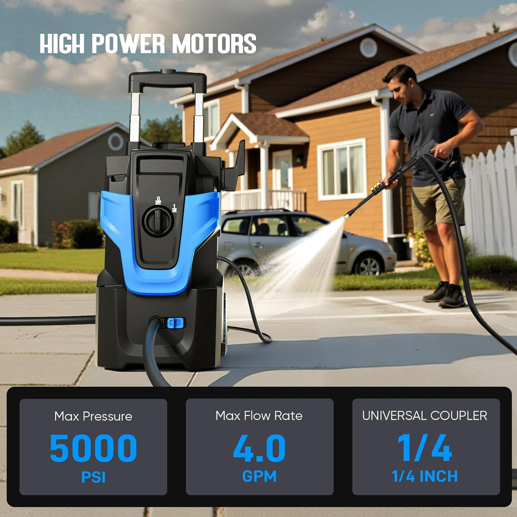 5000PSI Heavy Duty Pressure Washer, 3-Speed Adjustable Power Washer with 2-Stage Pull Rod, 4 Nozzles, Foam Cannon & 500ml Soap Bottle for Car, Home & Outdoor Cleaning,Blue
