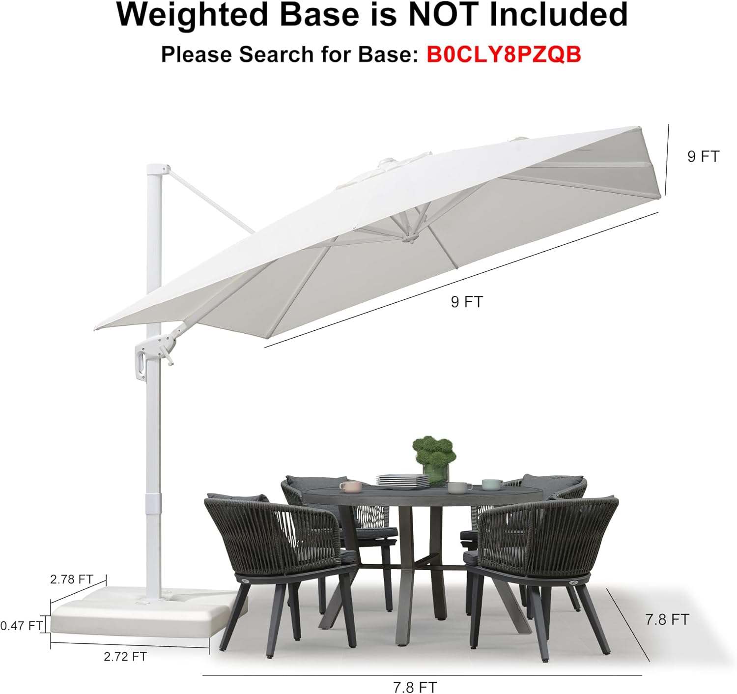 PURPLE LEAF 9 FT Patio Umbrella Outdoor White Cantilever Umbrella Aluminum Square Outdoor Offset Umbrella Hanging Windproof with 360° Rotation for Garden Deck Pool, White