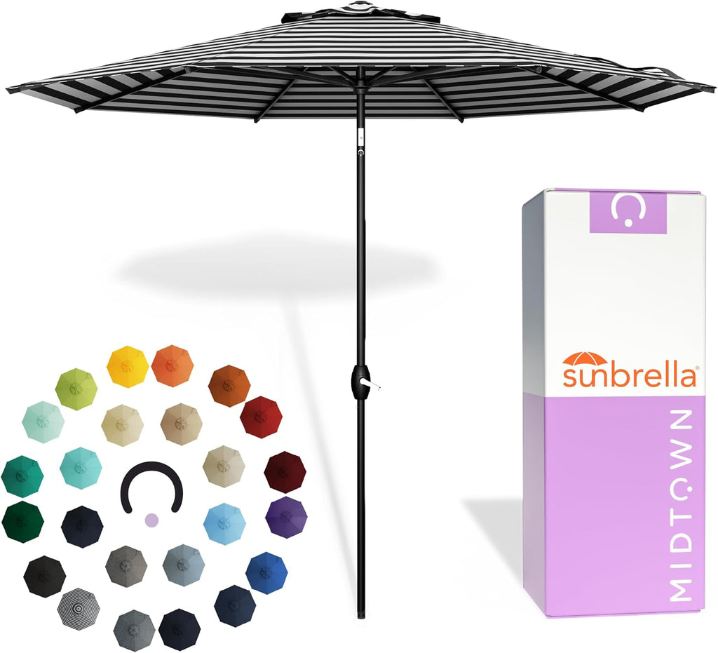 Midtown Umbrellas - The Lean 9 Ft Patio Umbrella with Fade-Resistant Sunbrella Fabric, Auto-Tilt Aluminum Frame and 8 Reinforced Ribs for Deck, Pool & Garden - Black & White Canopy, Black Pole