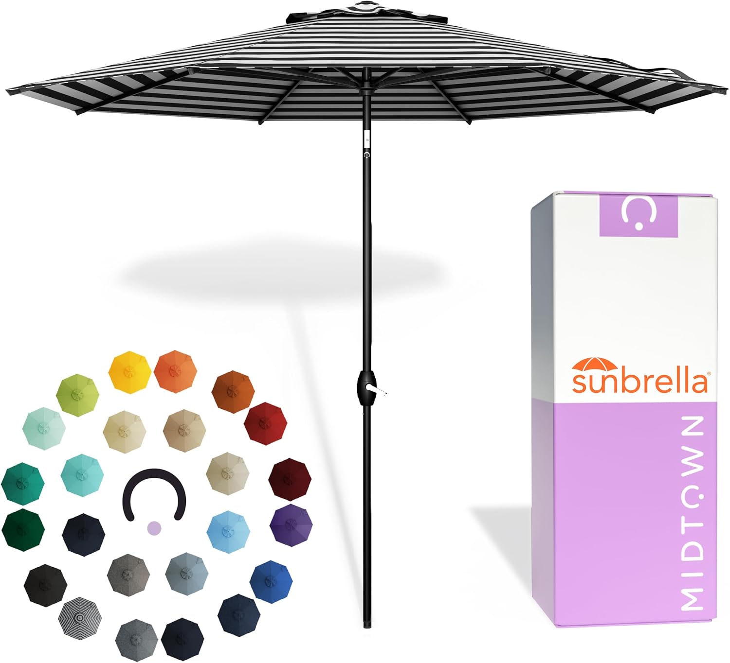 Midtown Umbrellas - The Lean 9 Ft Patio Umbrella with Fade-Resistant Sunbrella Fabric, Auto-Tilt Aluminum Frame and 8 Reinforced Ribs for Deck, Pool & Garden - Black & White Canopy, Black Pole