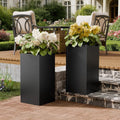 Tall Metal Planters Box for Outdoor Plants 2 Pack- 23.6" Modern Steel Tall Square Planter with Removable Insert Shelf, Heavy Duty Pedestal Planter Front Porch Decor Patio Garden, Black