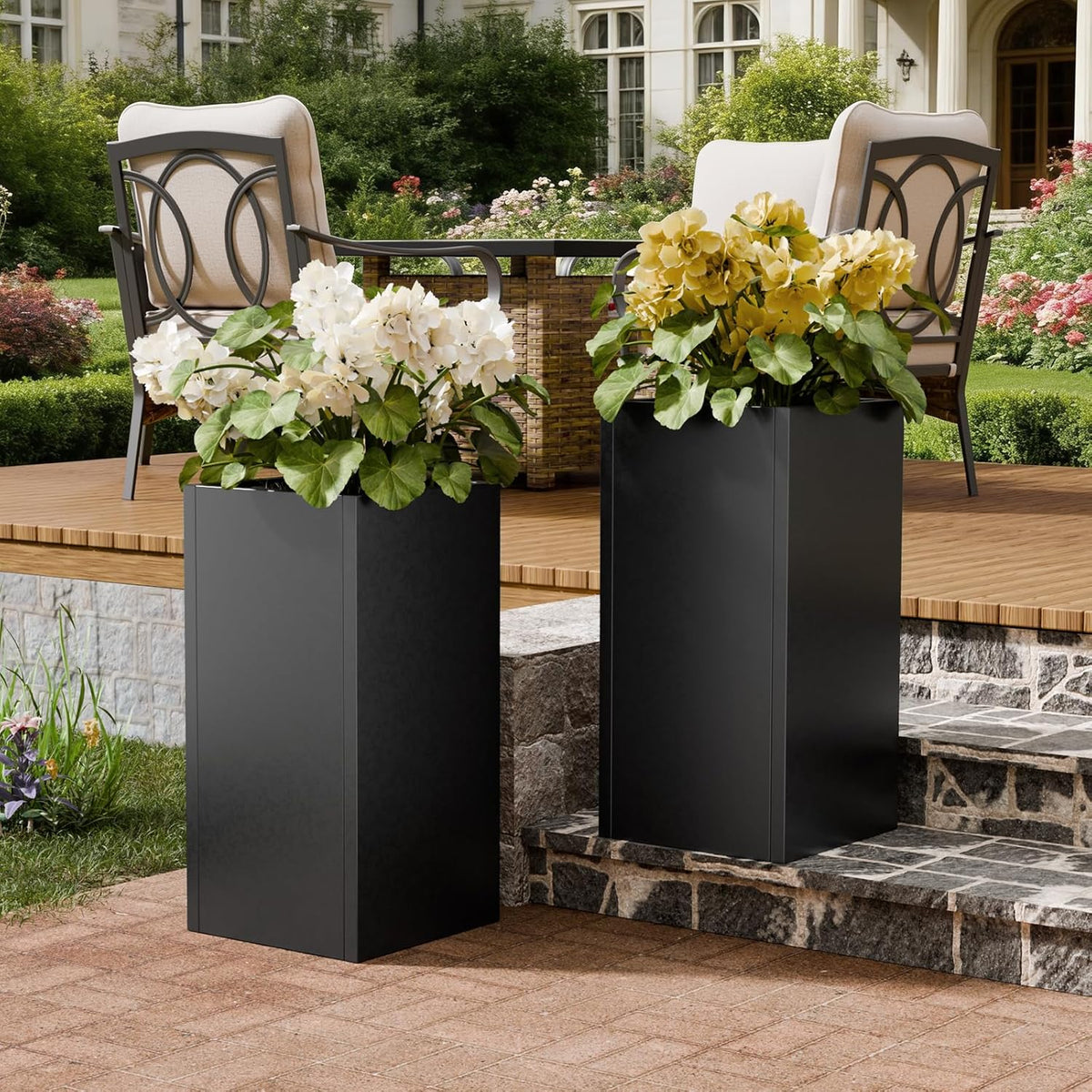 Tall Metal Planters Box for Outdoor Plants 2 Pack- 23.6" Modern Steel Tall Square Planter with Removable Insert Shelf, Heavy Duty Pedestal Planter Front Porch Decor Patio Garden, Black