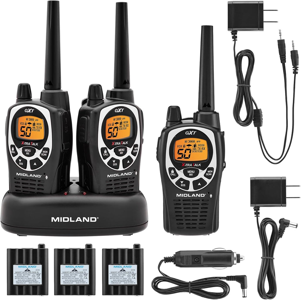 Midland GXT1000X3VP4 GMRS Two-Way Radio (50-Channel, Long Range, 142 Privacy Codes, SOS, NOAA, Rechargeable Nickle Battery, Black/Silver, 3-Pack)