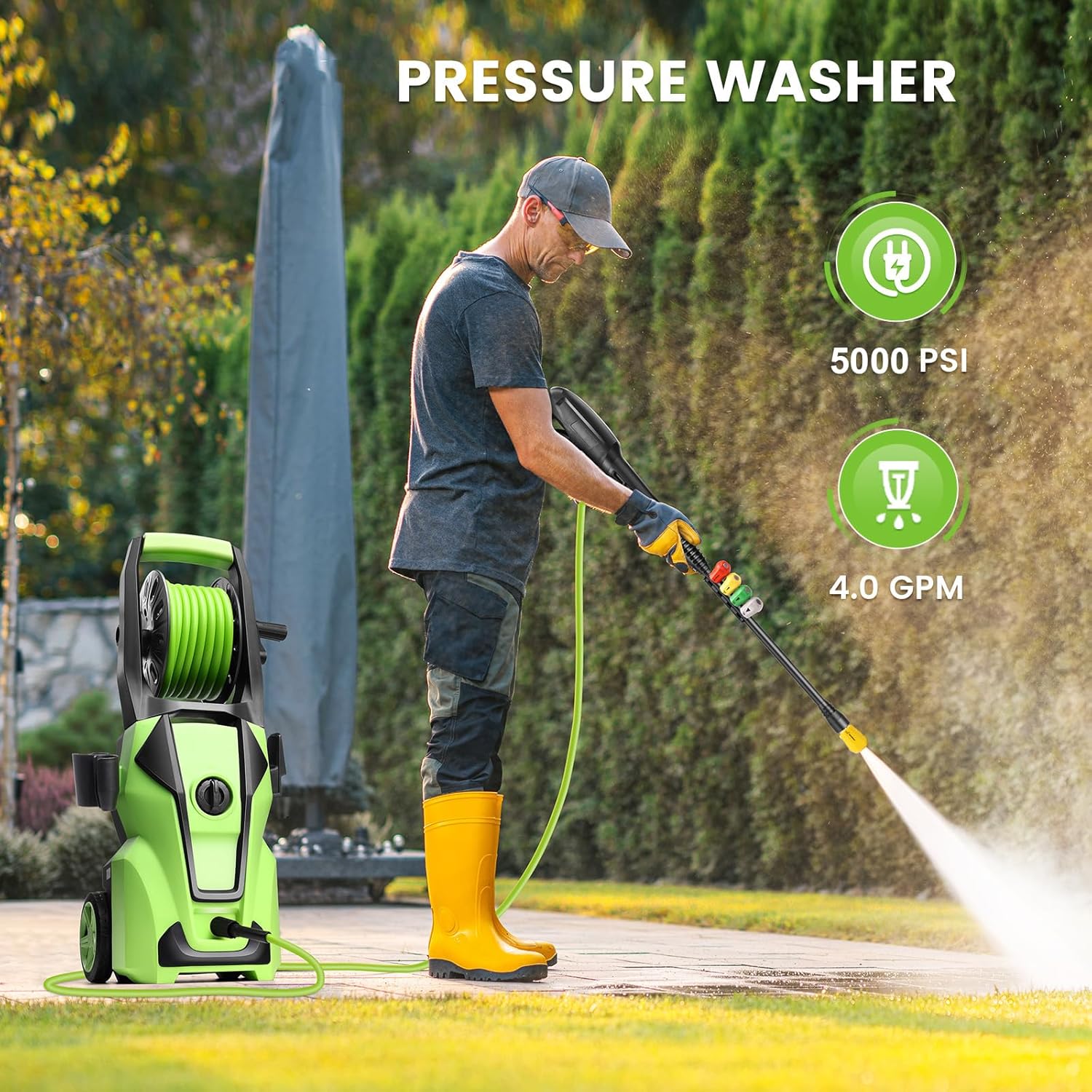 Pressure Washer 5000PSI Adjustable Pressure with 33FT Hose, 4 Nozzle, Power Washer for Home Cars Driveways, Light Green