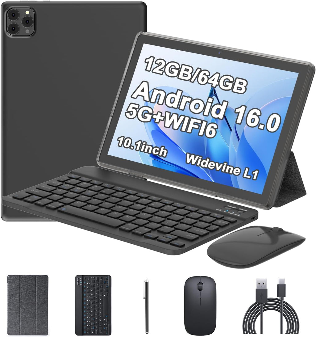Android 16 Tablet 10 Inch, 12(3+9) GB RAM+64GB ROM, 2 in 1 Tablets with Keyboard Case Mouse Stylus, 2.0GHz Five-core Processor, 1280 * 800 IPS HD Screen, 5G WiFi6 BT 5.3 Tableta PC（Black