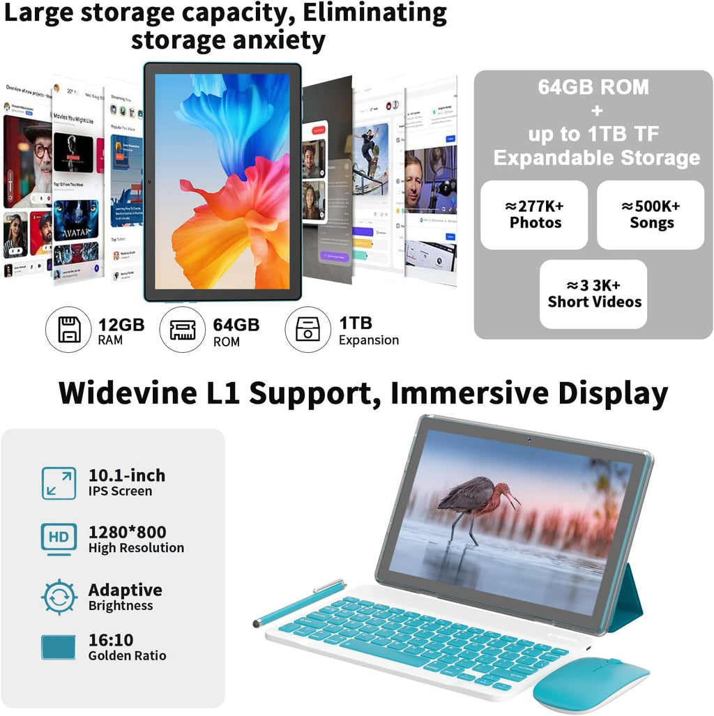 Android 16 Tablet 10 Inch, 12(3+9)GB RAM+64GB ROM, 2 in 1 Tablets with Keyboard Case Mouse Stylus, 2.0GHz Five-core Processor, 1280 * 800 IPS HD Screen, 5G WiFi6 BT 5.3 Tableta PC (Dark blue)