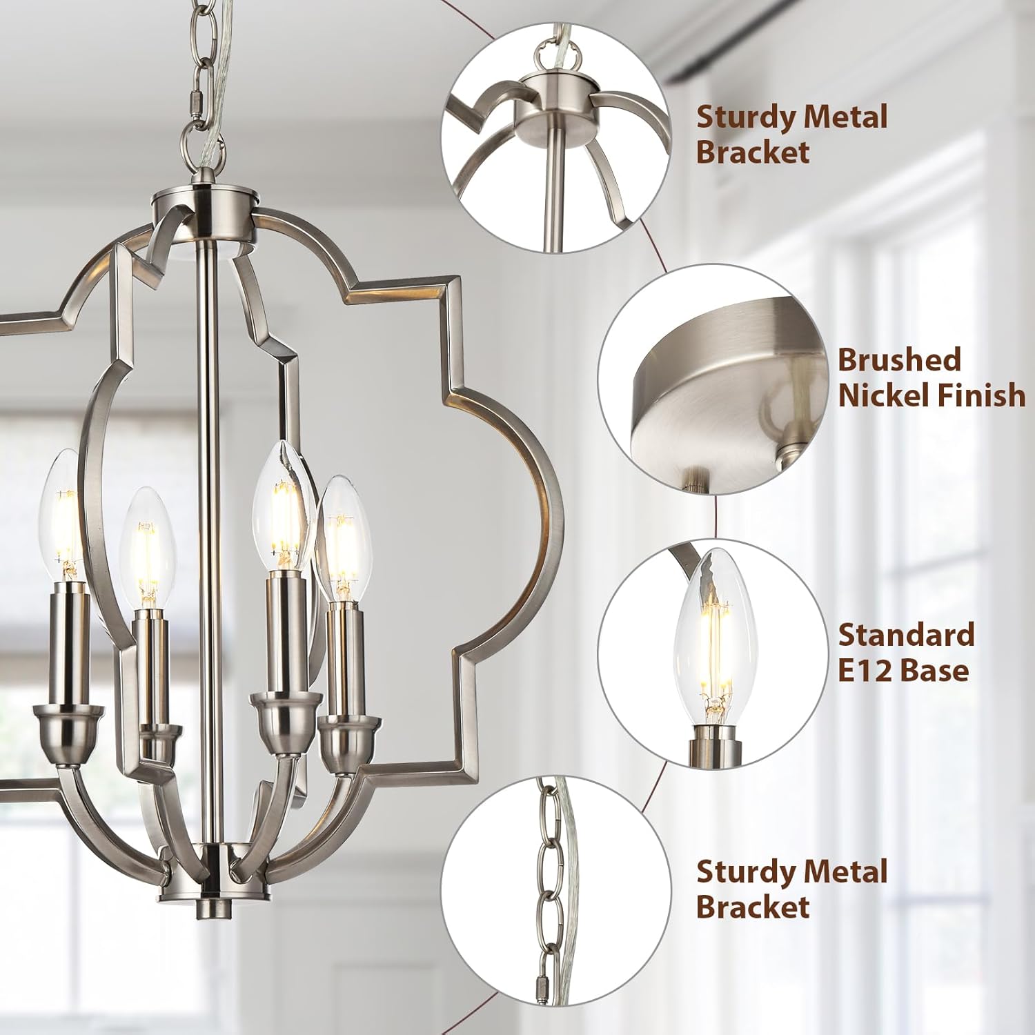 Jonsi Brushed Nickel Chandelier - 4 Lights Kitchen Island Pendant Light, 15.6" Farmhouse Orb Geometric Adjustable Height Ceiling Hanging Lighting for Entryway Foyer Bar Restauran Living Dining Room