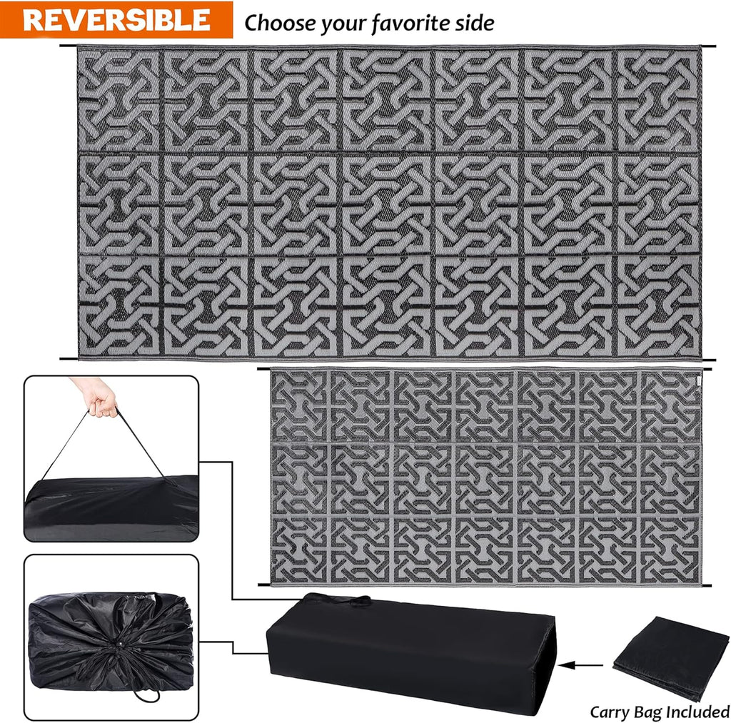 SAND MINE Reversible Mats, Plastic Straw Rug, Modern Area Rug, Large Floor Mat Rug for Outdoors, RV, Patio, Backyard, Deck, Picnic, Beach, Trailer, Camping (9' x 18', Black & Grey)