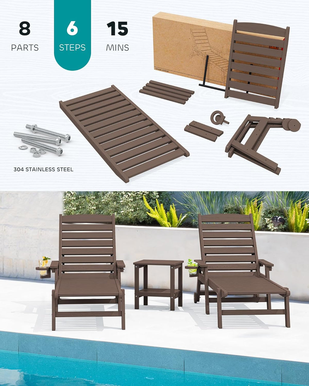 SERWALL Patio Chaise Lounge Chair Set of 2, 78'' Long 5-Positions Adjustable HDPE Outdoor Lounger for Pool, Poly Lounge Chair with Rolling Wheels & Cup Holder for Poolside, Deck, Coffee Brown