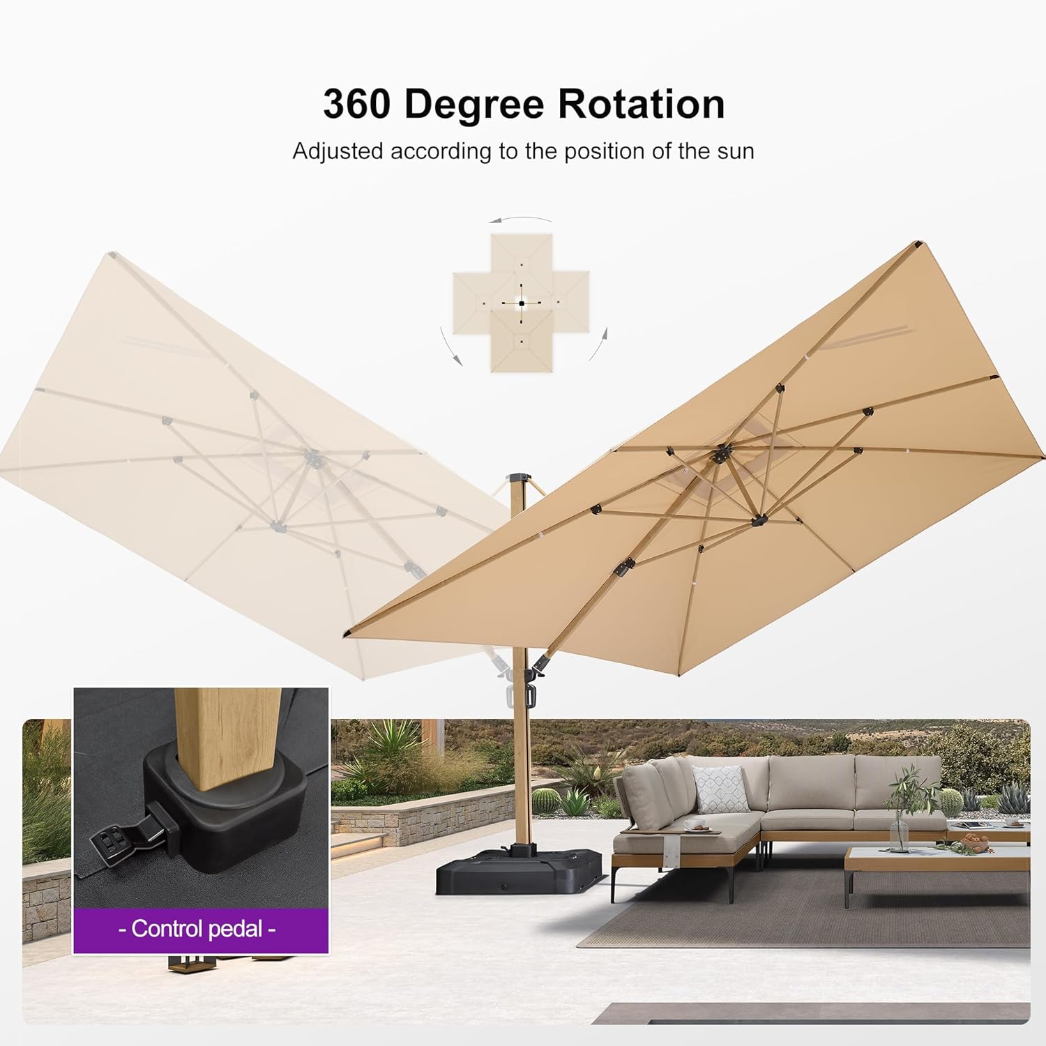 PURPLE LEAF 12FT Patio Umbrella With Base Square Cantilever Umbrella Teak Finished Aluminum Frame Large Windproof Offset Outdoor Sun Umbrellas for Beach Pool Deck, Beige