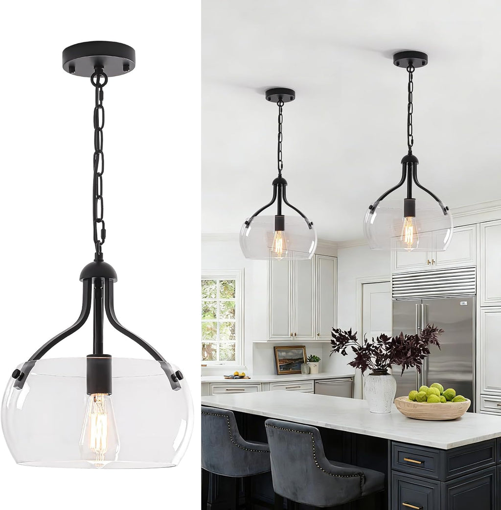 1-Lights Modern Pendant Lights Kitchen Island, Matte Black Pendant Light Fixtures with 11.8" Clear Glass Shade, Industrial Hanging Chandelier for Kitchen Entryway Bedroom Foyer