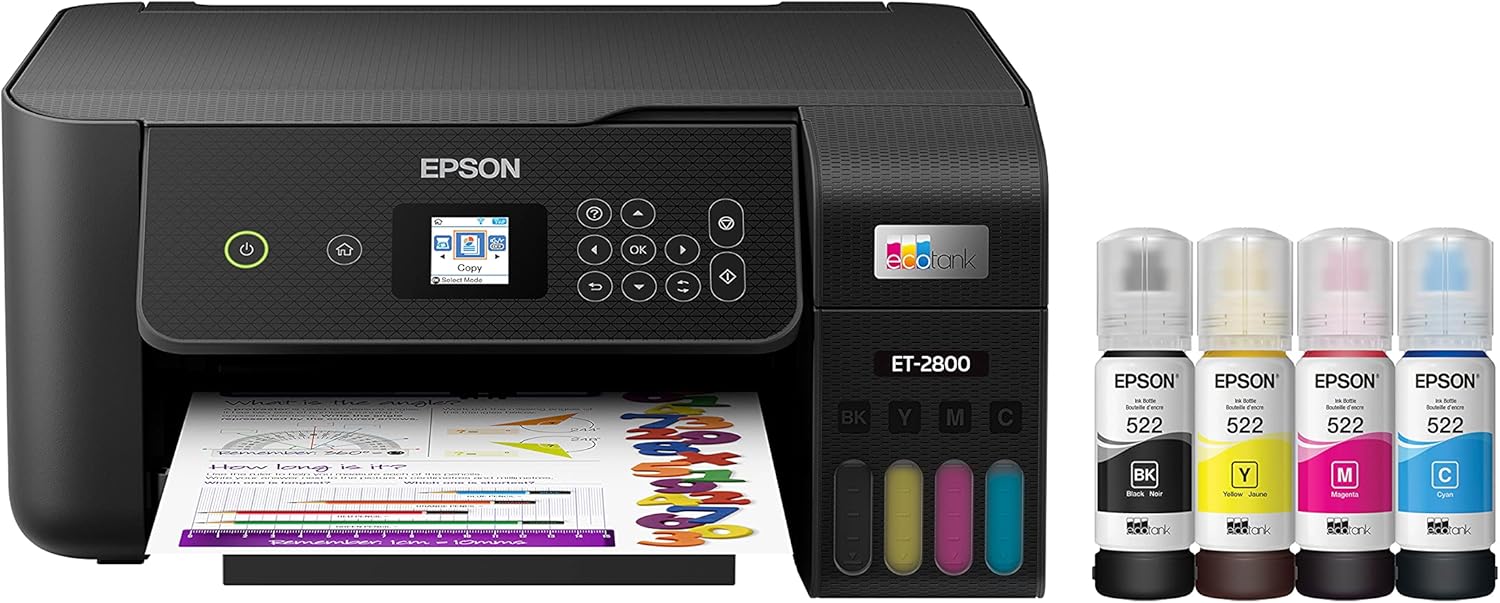Epson EcoTank ET-2800 Wireless Color All-in-One Cartridge-Free Supertank Printer, Black, Medium & T522 EcoTank Ink Ultra-high Capacity Bottle Black (T522120-S)