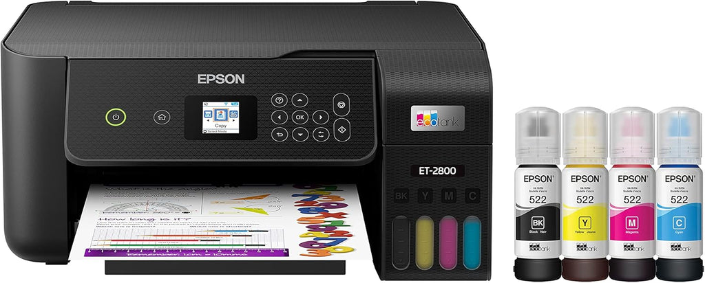 Epson EcoTank ET-2800 Wireless Color All-in-One Cartridge-Free Supertank Printer, Black, Medium & T522 EcoTank Ink Ultra-high Capacity Bottle Black (T522120-S)